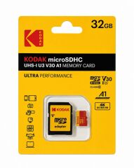 Kodak 32GB UHS-I U3/V30/A1 MicroSD Kart + Adaptör (Kırmızı)